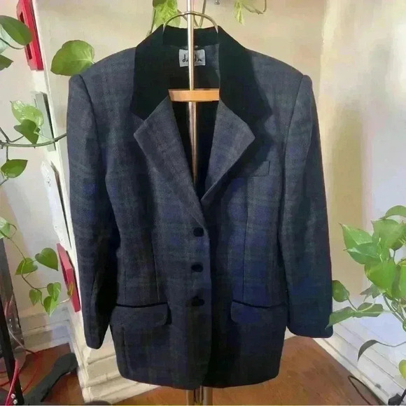 Vtg 80s 90s David N Blackwatch Plaid Wool And Velvet Blazer - Size 14 - Picture 1 of 11